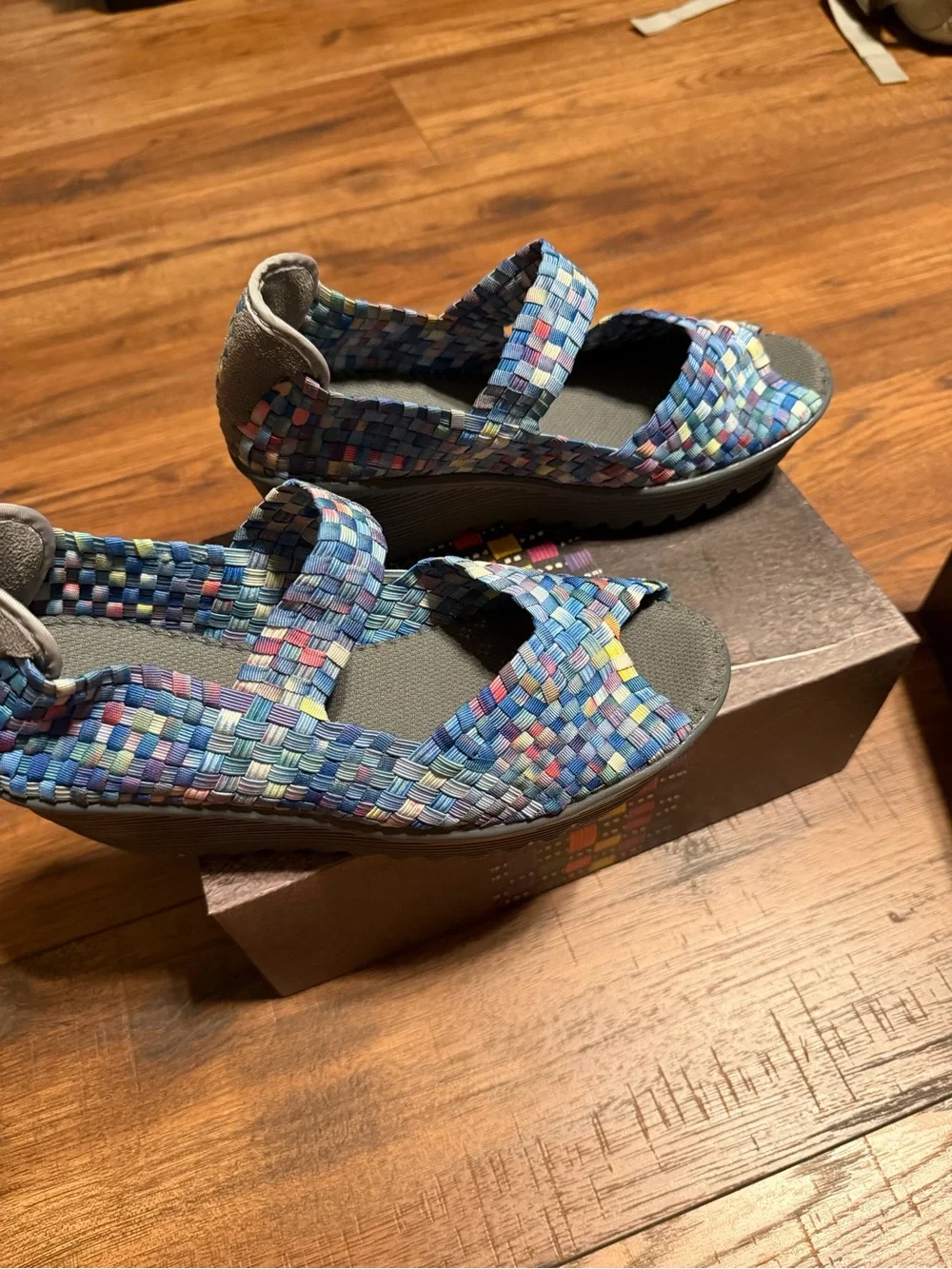 bernie mev. Multicolor Woven Crossover Wedge Sandals